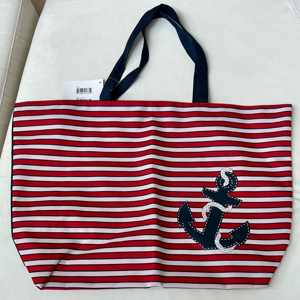 Red and White Striped Anchor Tote Bag